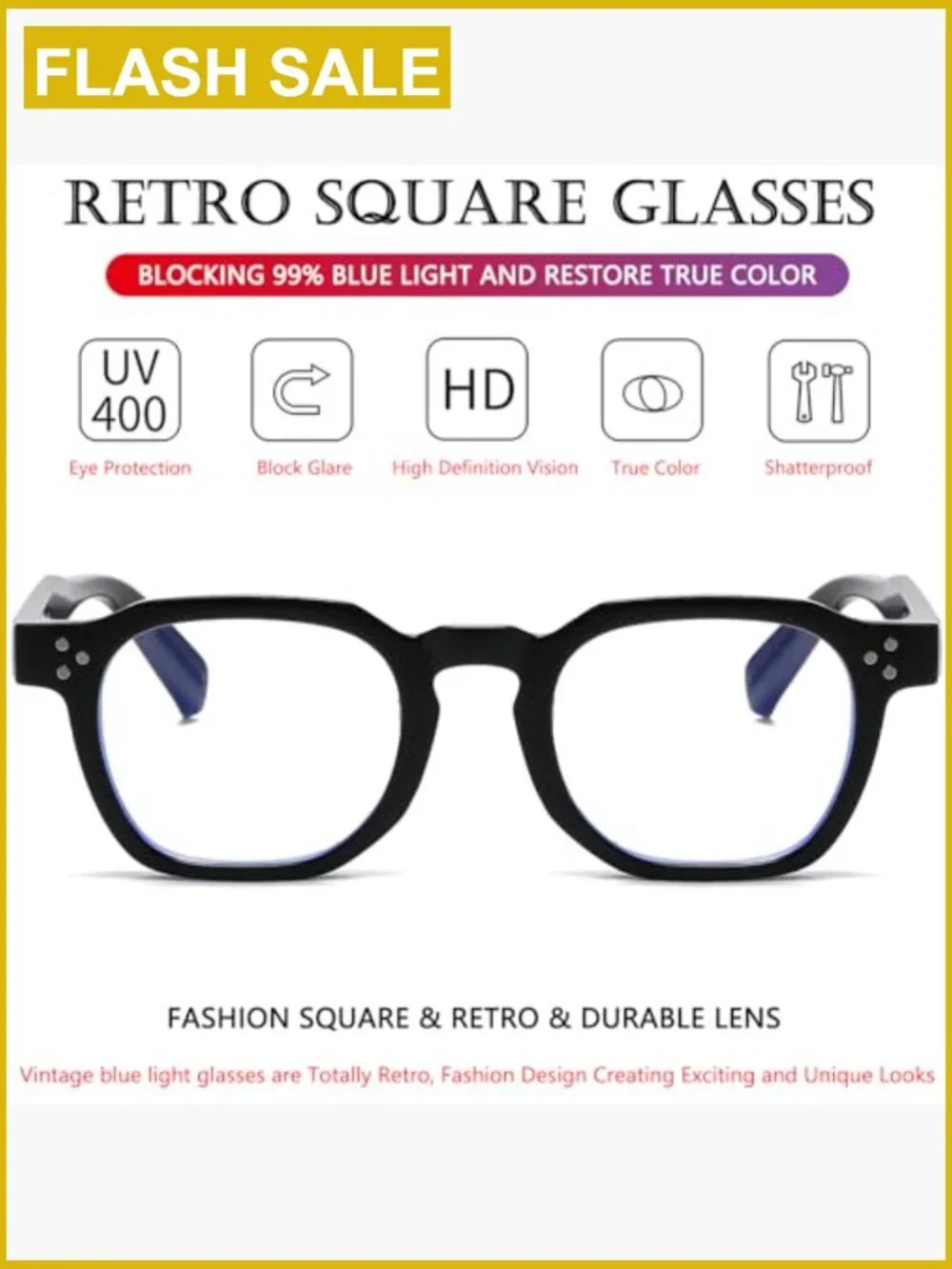 Retro Square Blue Light Blocking Glasses Unisex Thick Frame Computer Eyewear